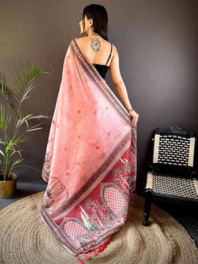 Blush Pink Tussar Floral Leaf Print Saree