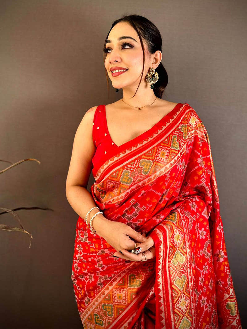 Red Soft Semi Silk Ikkat Patola Weaving Saree