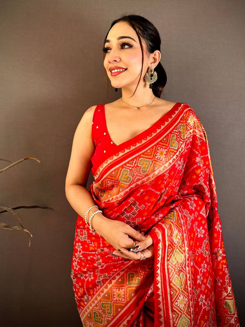 Red Soft Sami Silk Ikkat Patola Weaving Saree
