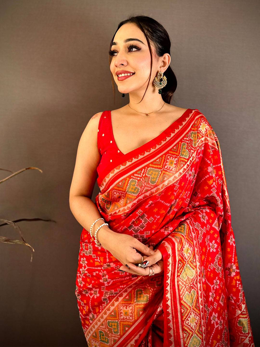 Red Soft Sami Silk Ikkat Patola Weaving Saree
