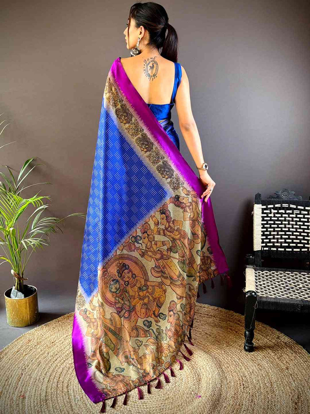 Blue Soft Silk Kalamkari Pallu Saree