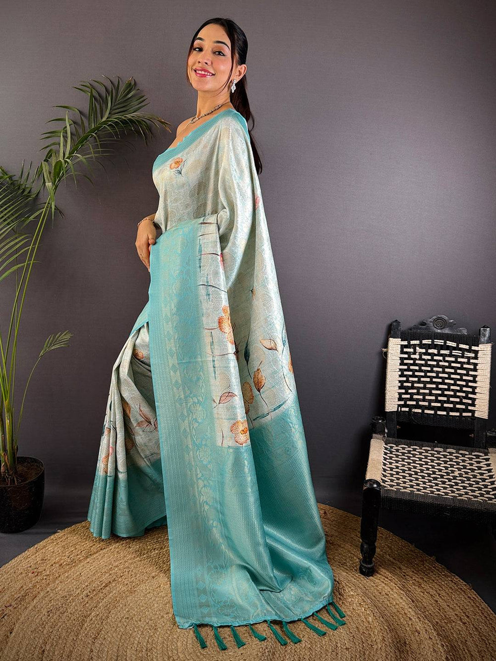 Sky Blue Kanjivaram Silk Digital Print Saree