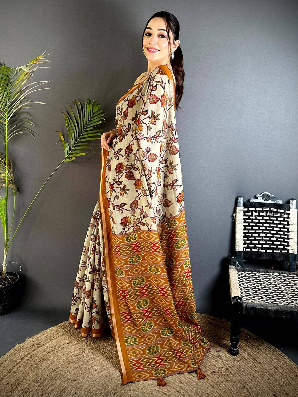 Yellow  Floral Phulkari Mul Cotton Saree