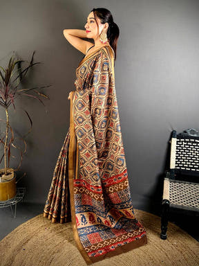 Royal Block Ajrakh Print Soft Tussar Saree