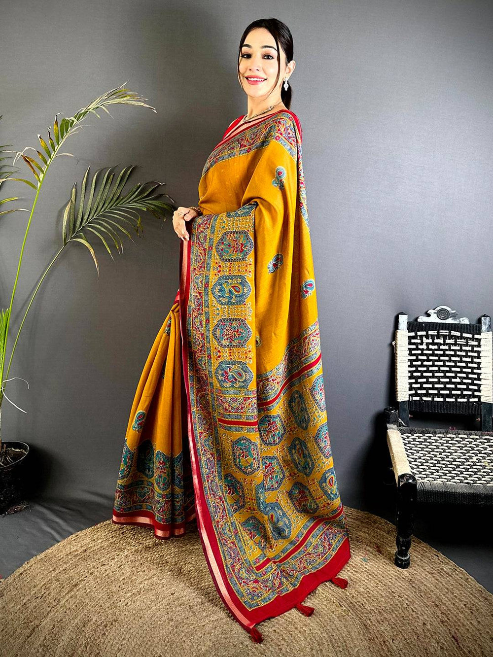 Yellow Kalamkari Pashmina Cotton Saree