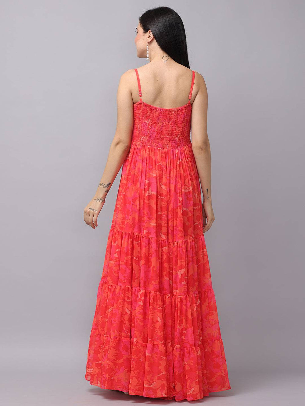 Radiant red floral ruched maxi dress back view