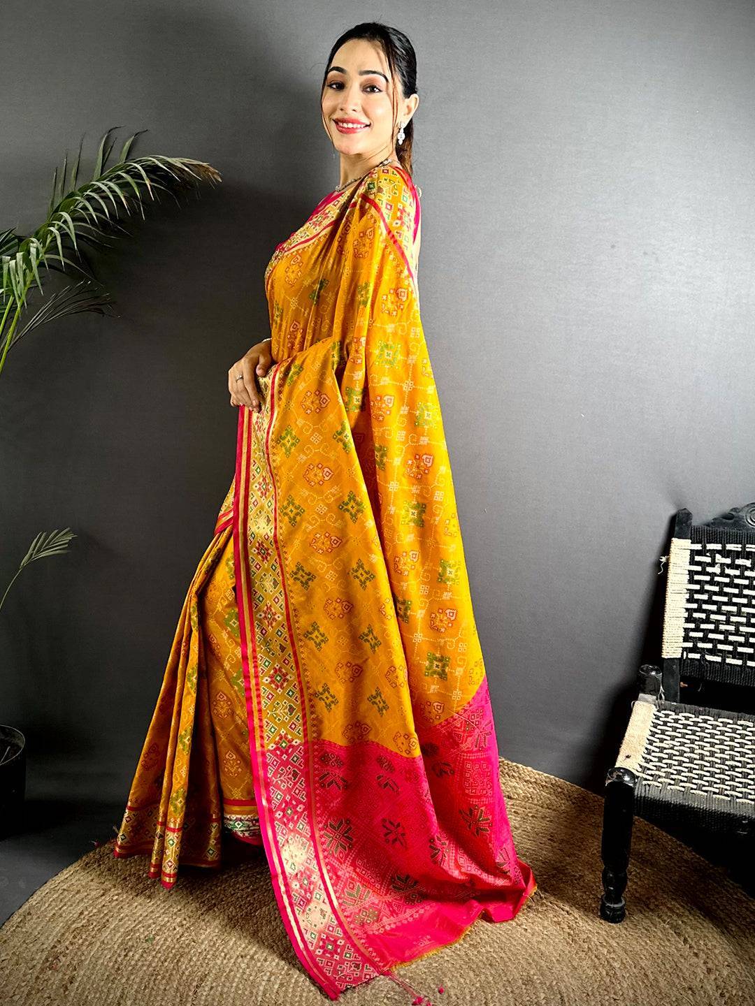Yellow Pochampally Patola Soft Silk Saree

