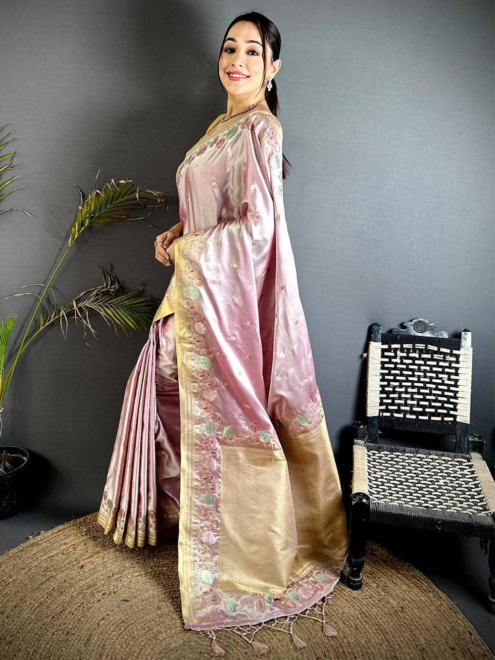 Blush Pink Satin Silk Zari Weave Saree


