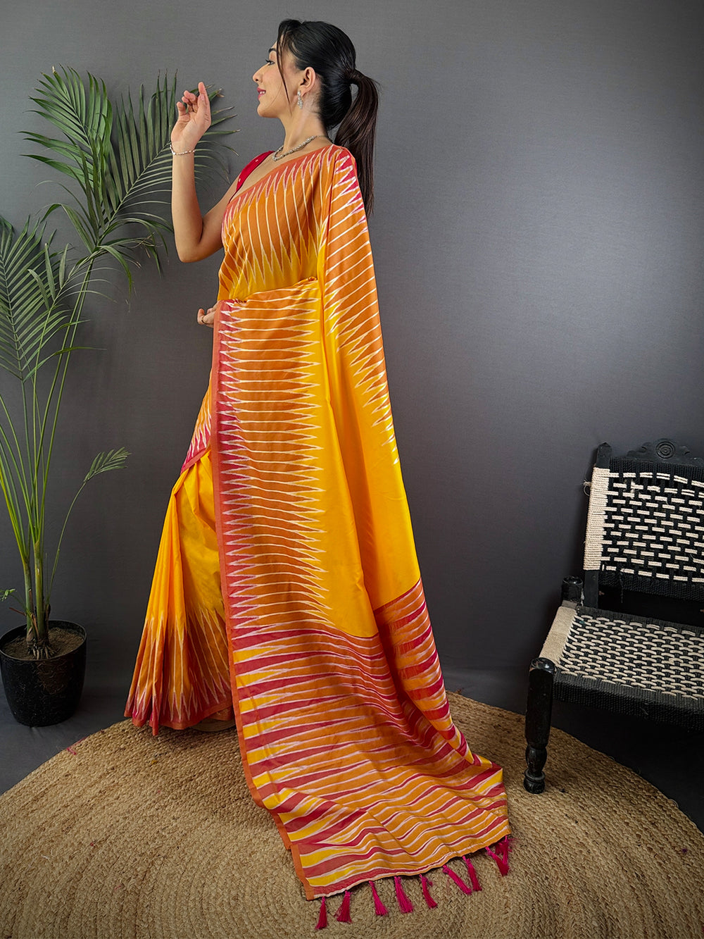 Yellow Soft Silk Ikkat Zari Weaving Saree