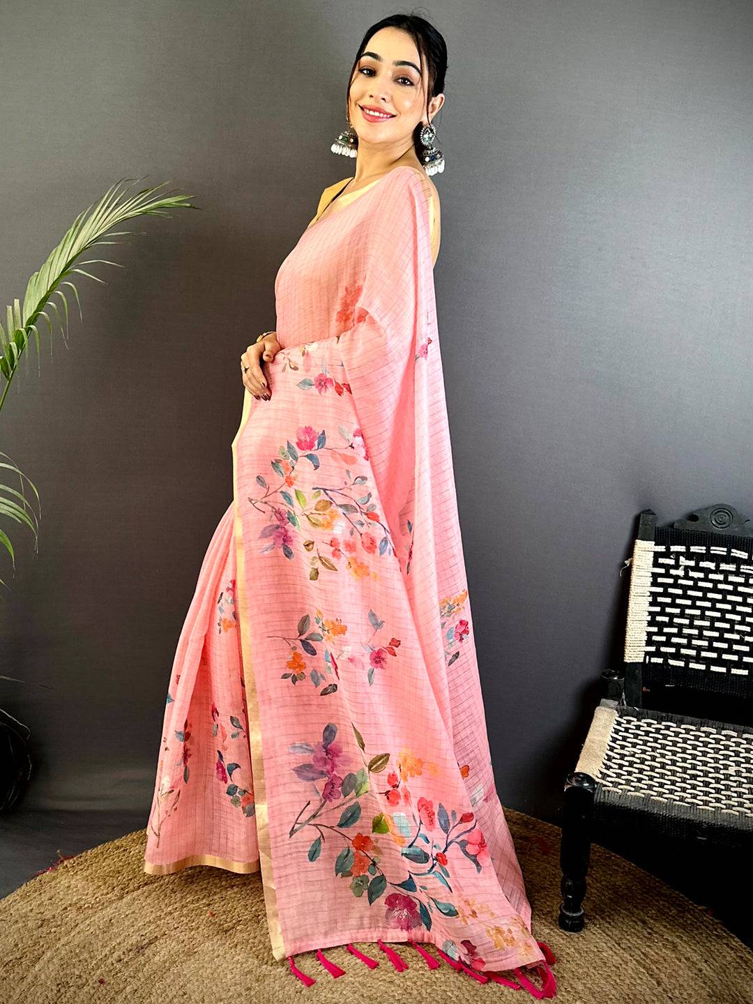 Rose Pink Linen Chex Floral Saree