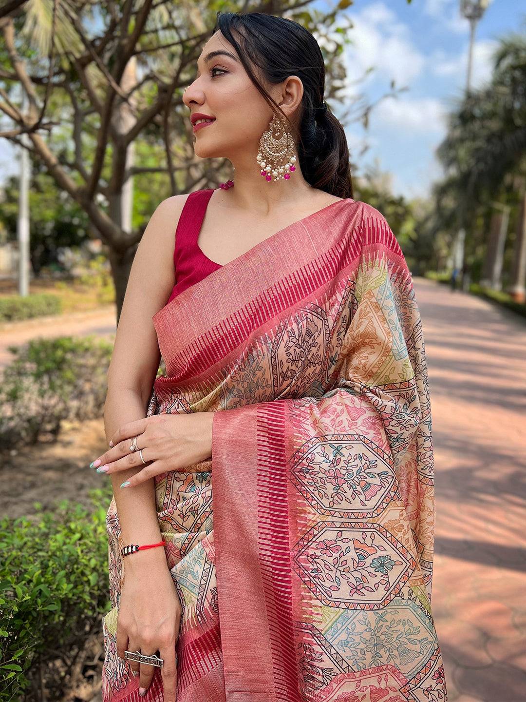 Close-up of Madhubani Kalamkari saree with detailed block prints