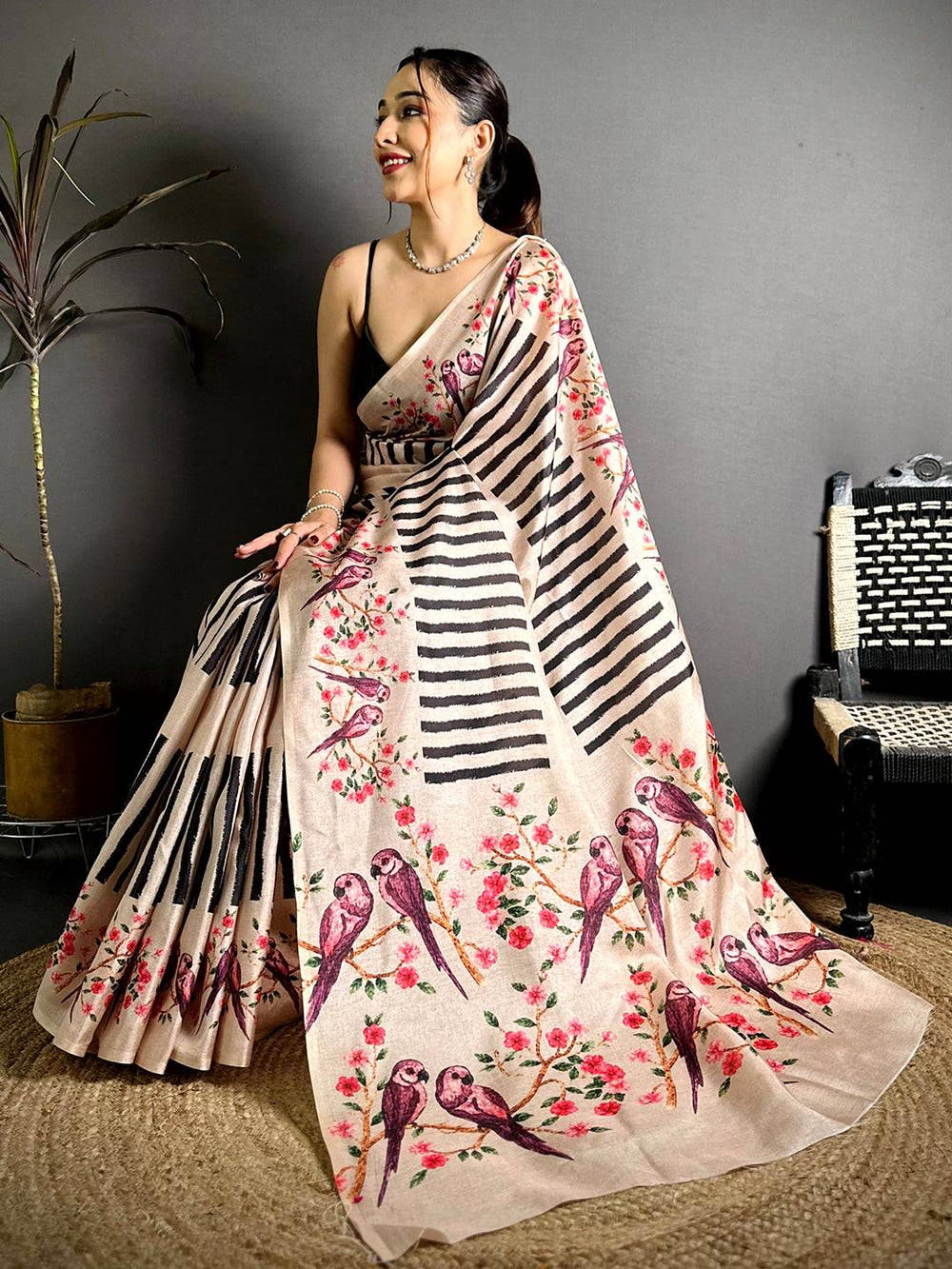 Celebrity Striped Kalamkari Tussar Saree

