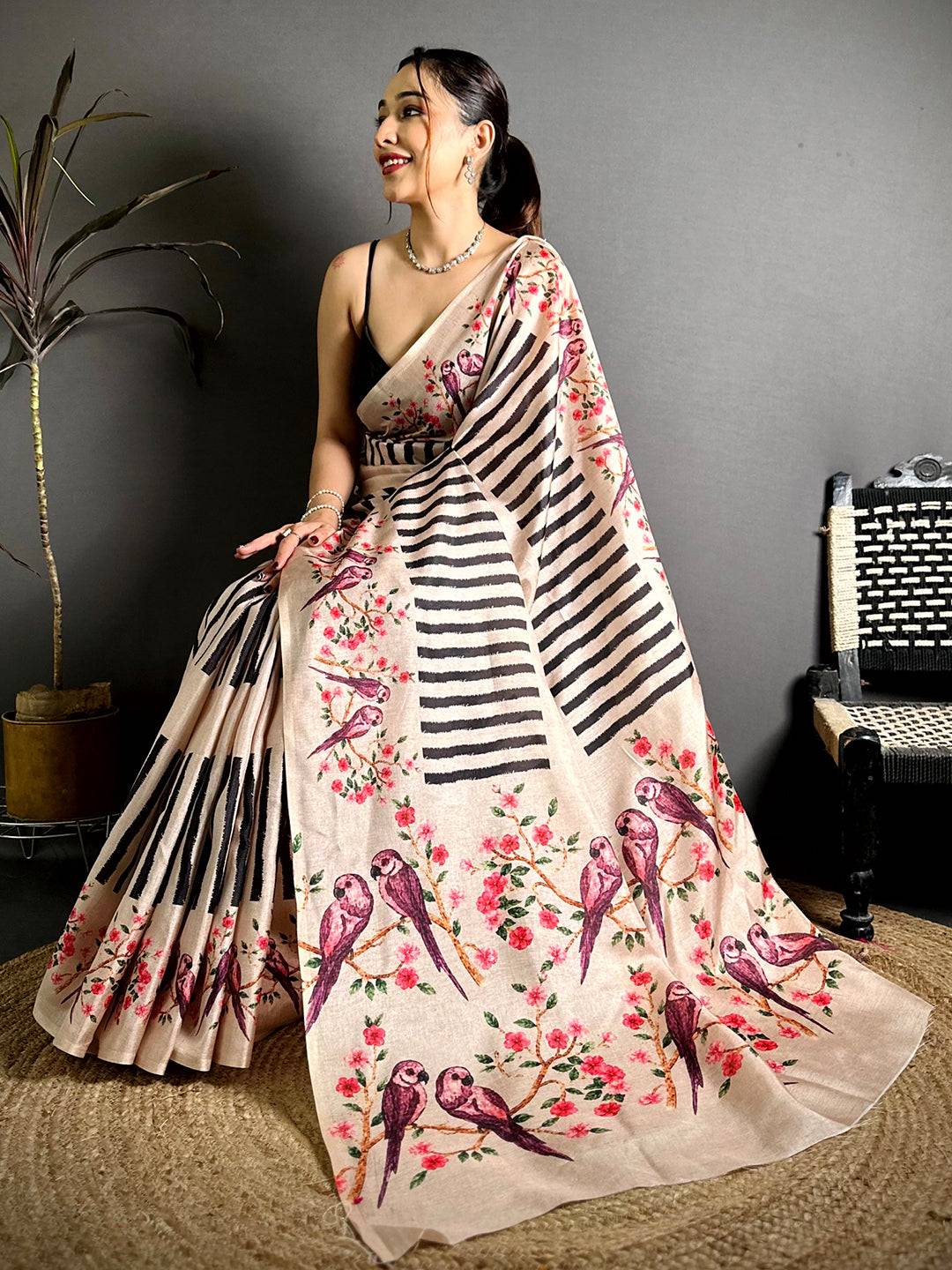 Celebrity Striped Kalamkari Tussar Saree

