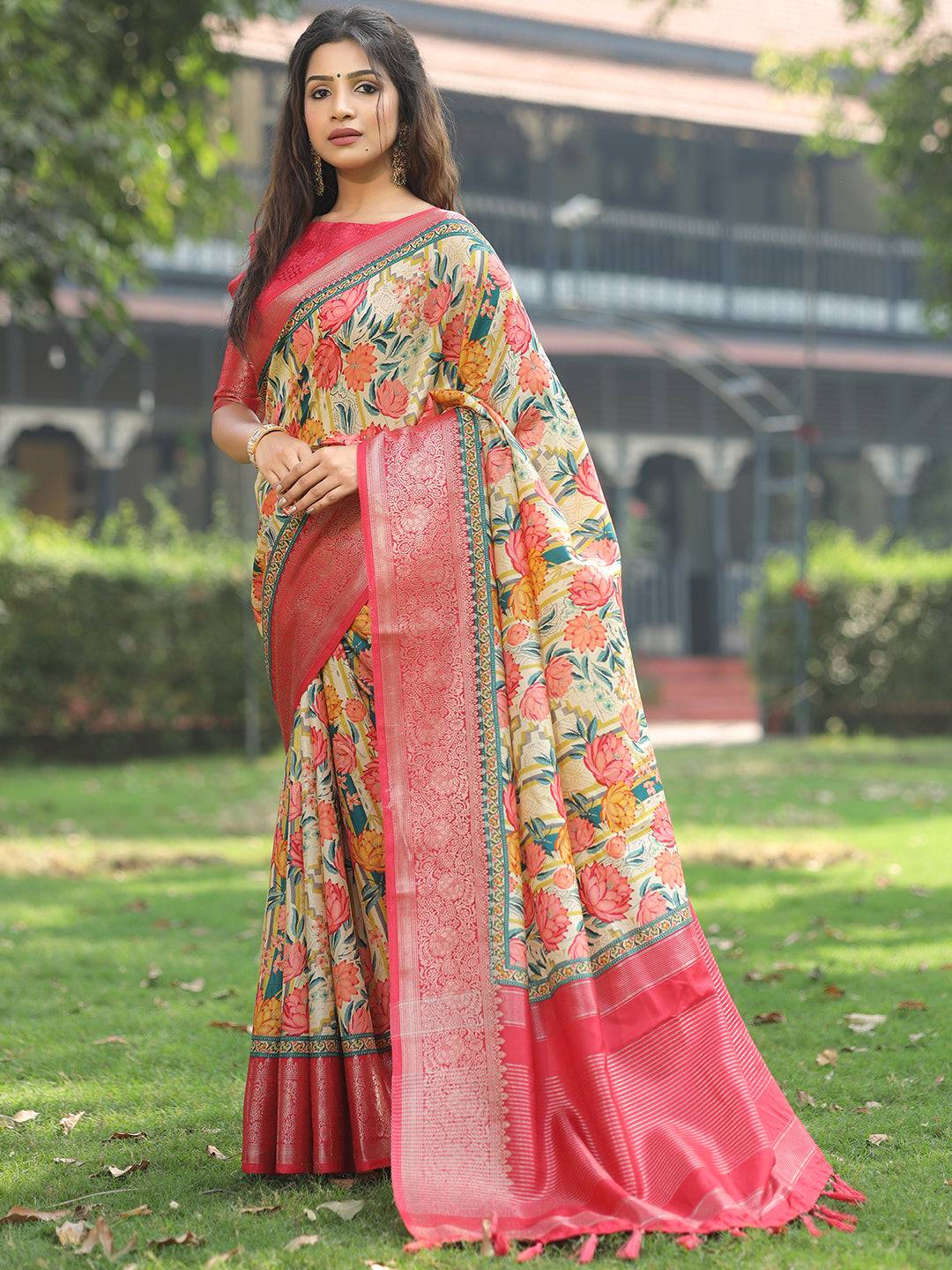 Yellow Colour Phulkari Design Zari Weaving Pallu Saree
