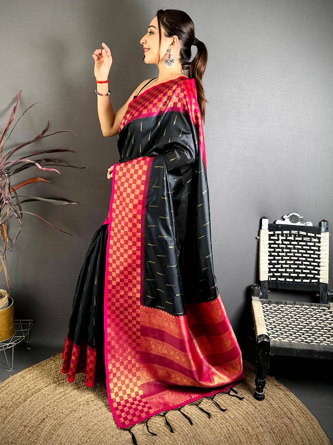 Black Soft Katan Silk Gold Zari Weave Saree