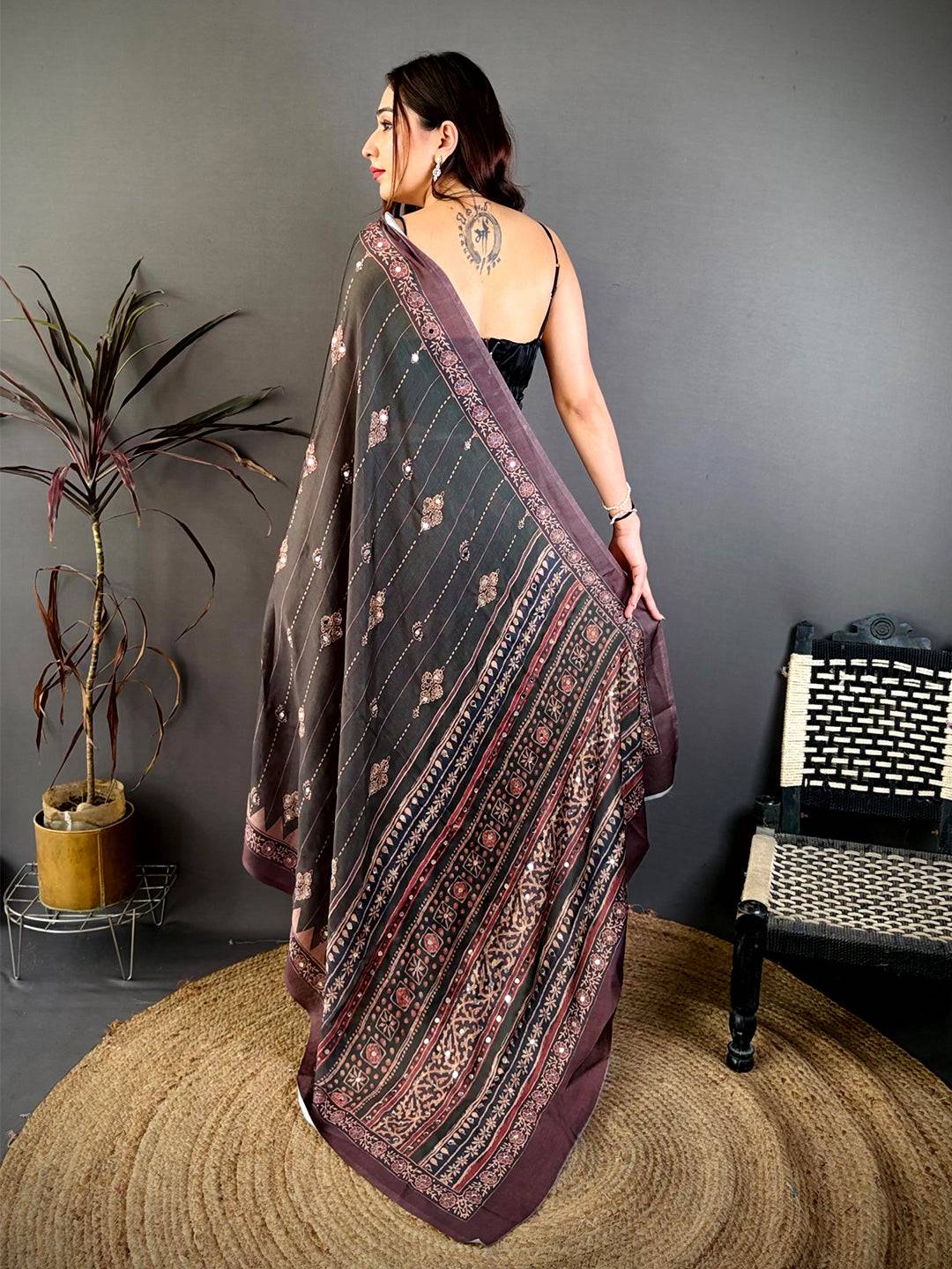 Olive Ajrakh Digital Printed Saree