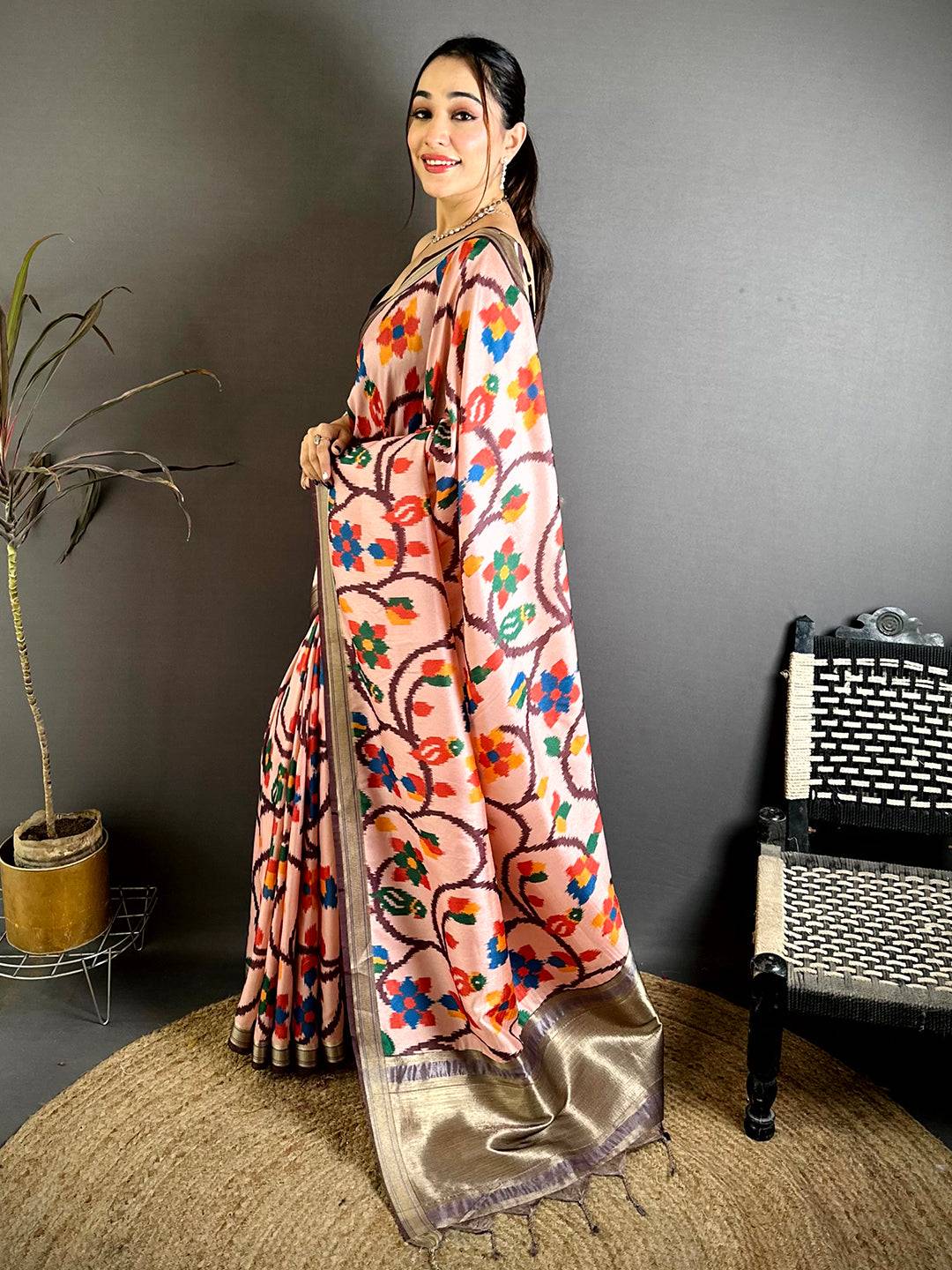 Traditional Gold Lakda Patta Kalamkari Saree