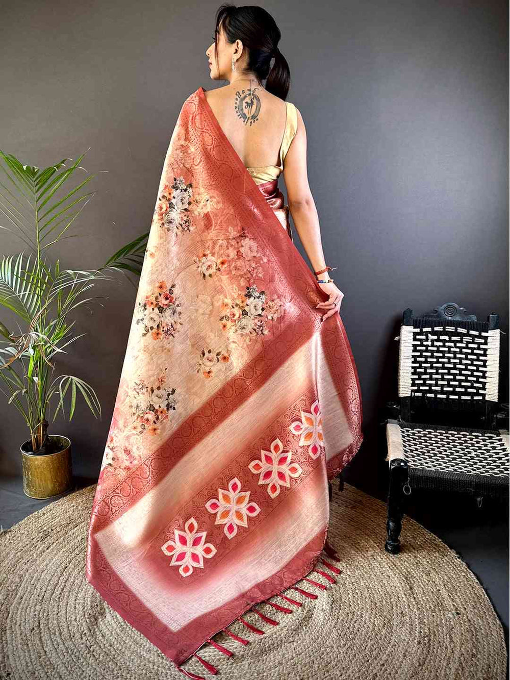 Red Slub Ghicha Zari Pallu Saree
