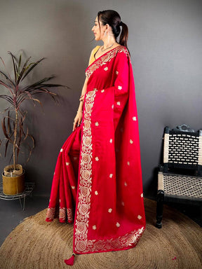 Red Aari Jhalar Tussar Satin Saree