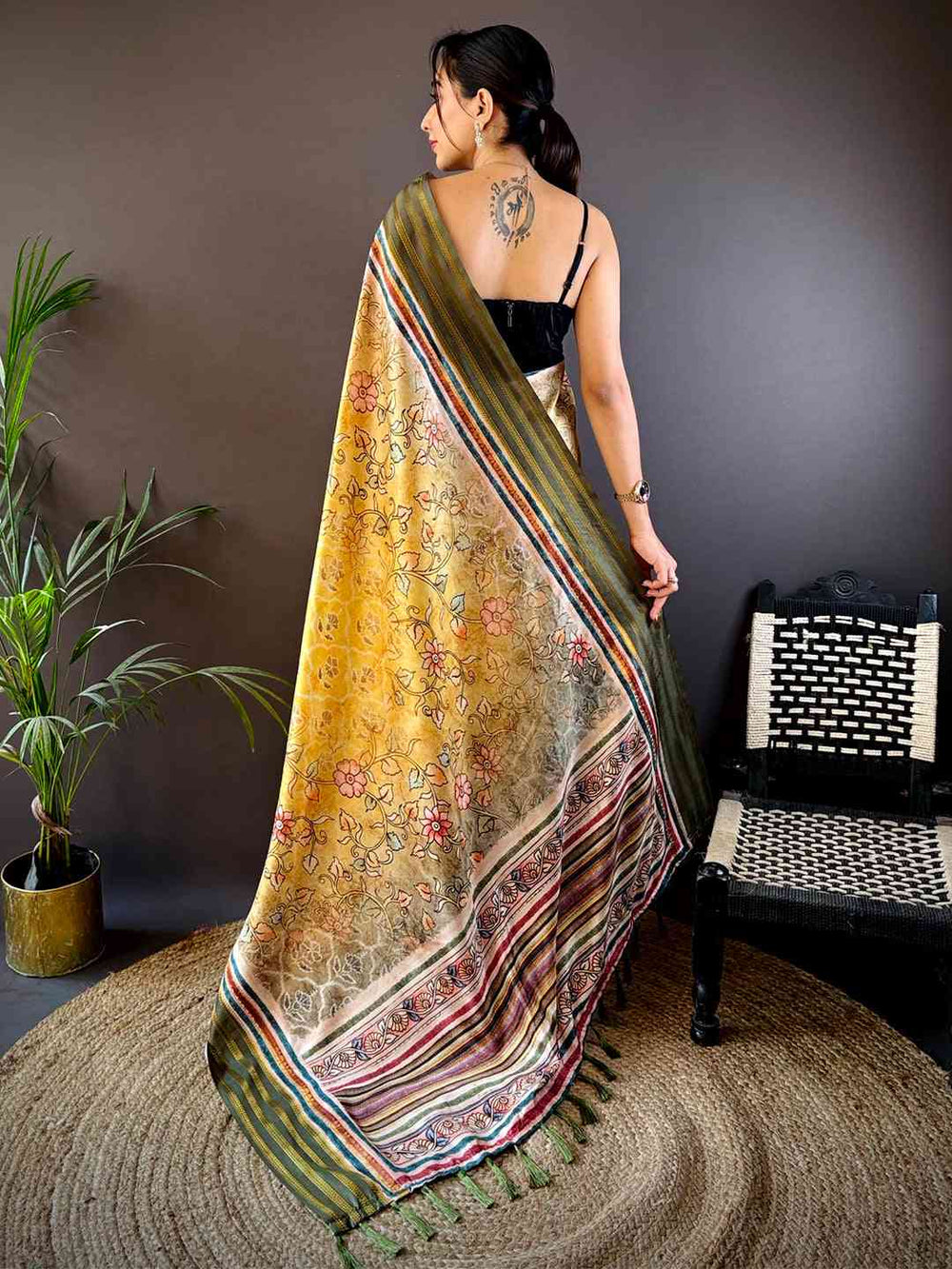 French Beige Kalamkari Floral Printed Silk Saree