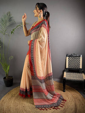 Cream Tissue Chanderi Ajrak Printed Saree