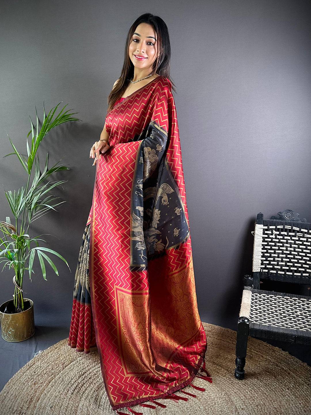 Red Heritage Weave Kalamkari Soft Silk Saree