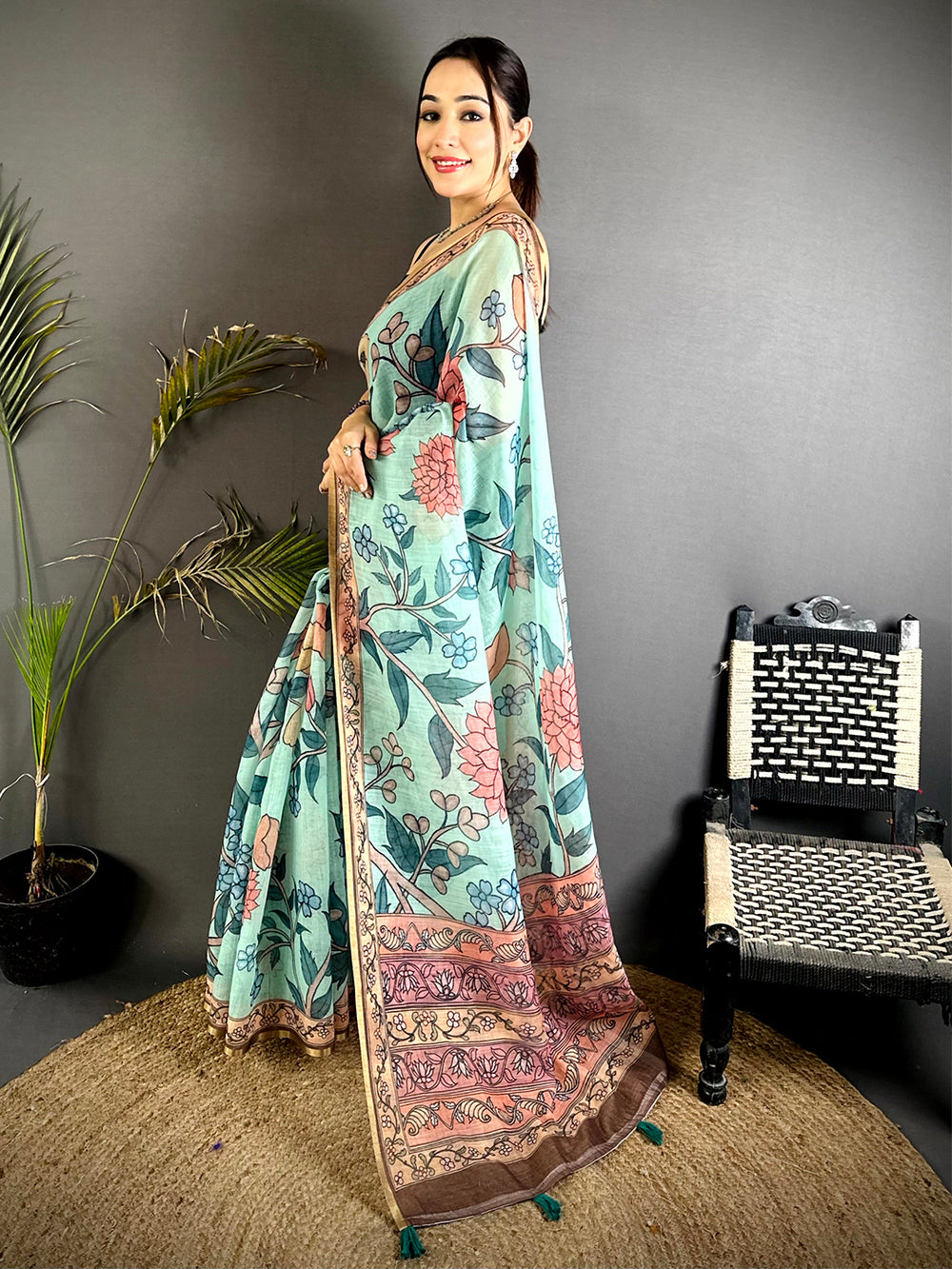 Aqua Floral Soft Linen Summer Saree
