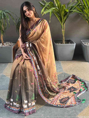 Graceful Soft Linen Brown Ombre Pichwai Saree worn by model