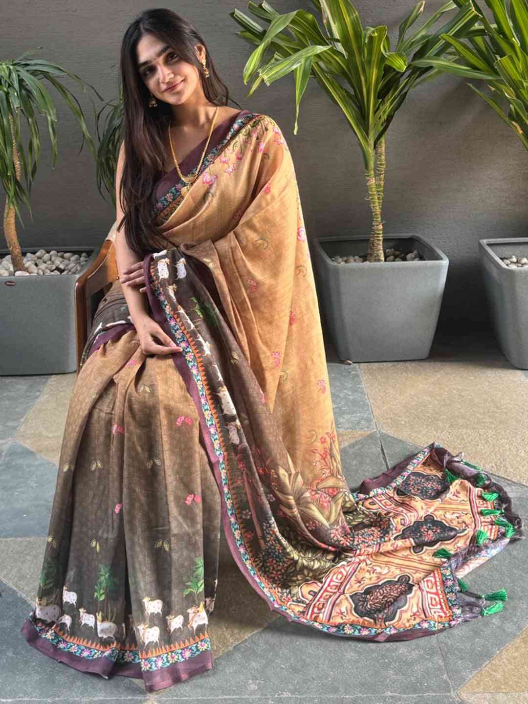 Graceful Soft Linen Brown Ombre Pichwai Saree worn by model
