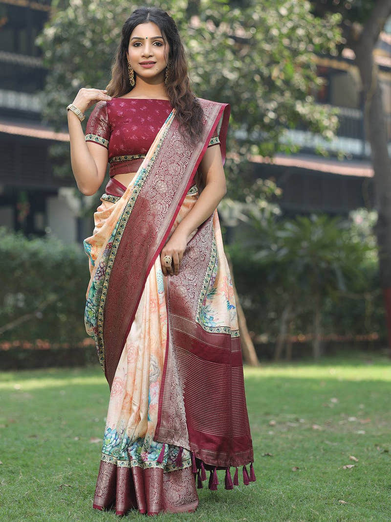 Peach Colour Phulkari Design Zari Weaving Pallu Saree - Luxe