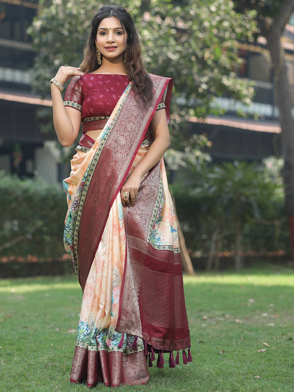 Peach Colour Phulkari Design Zari Weaving Pallu Saree