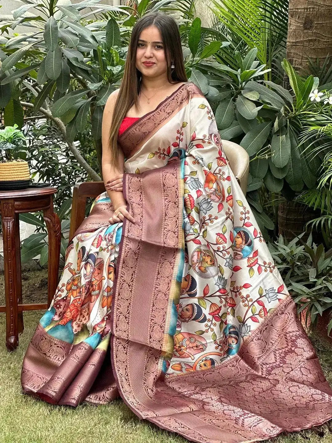 Soft Silk Kalamkari Saree with vibrant digital print