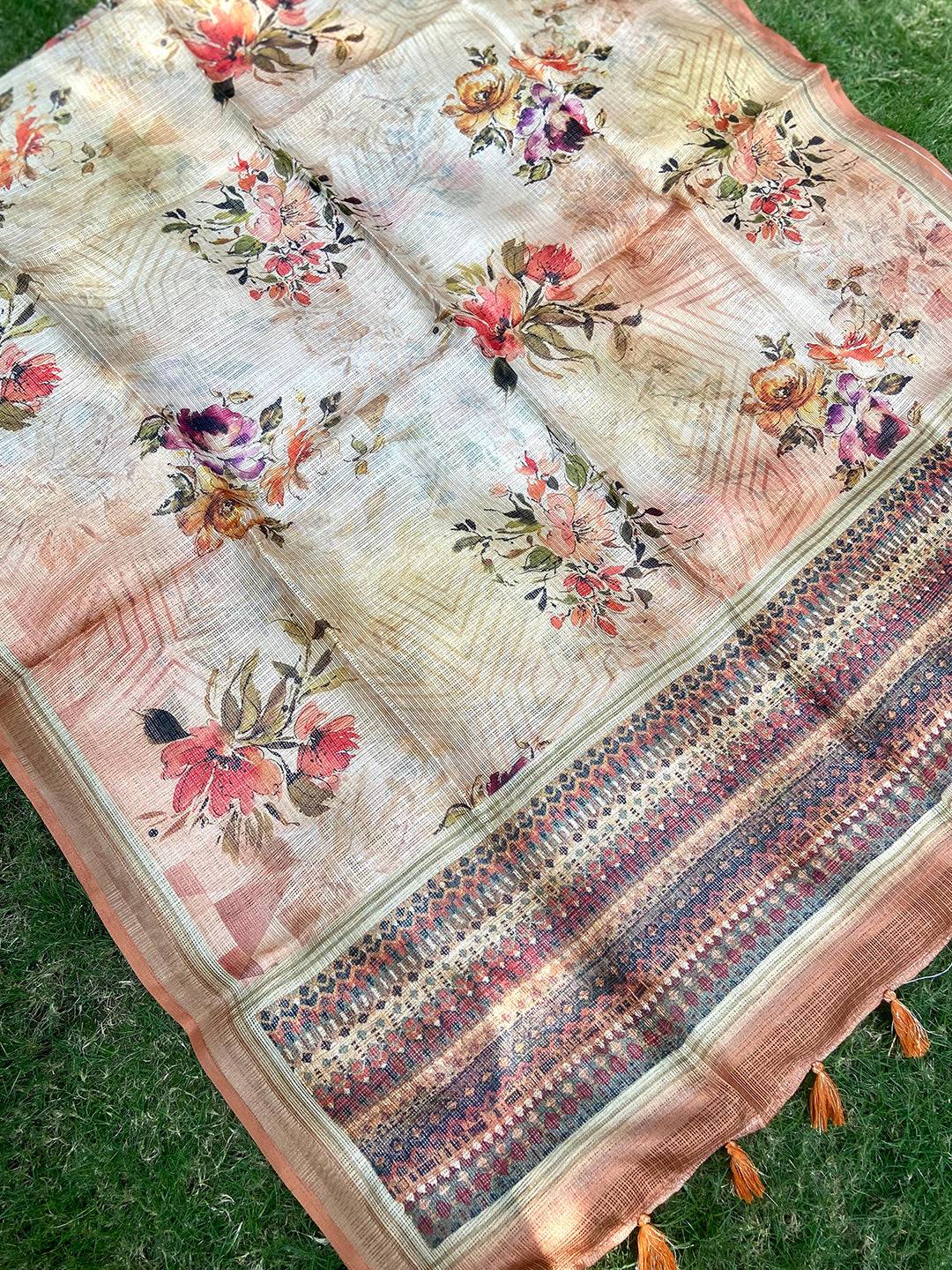 Peach Colour Soft Kota Doriya Silk Saree With Flower Print