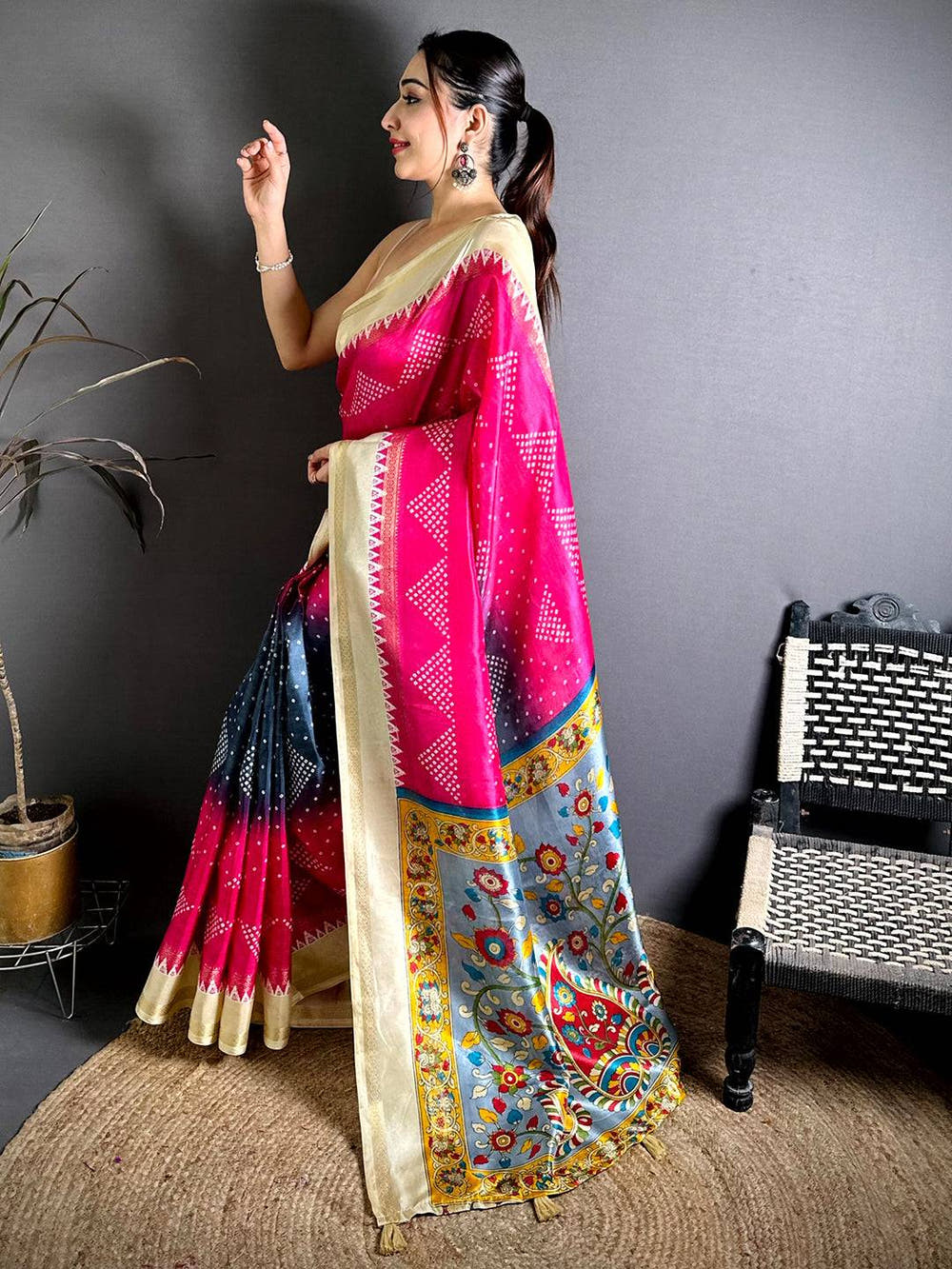 Classic Kalamkari Pallu Bandhej Print Saree 