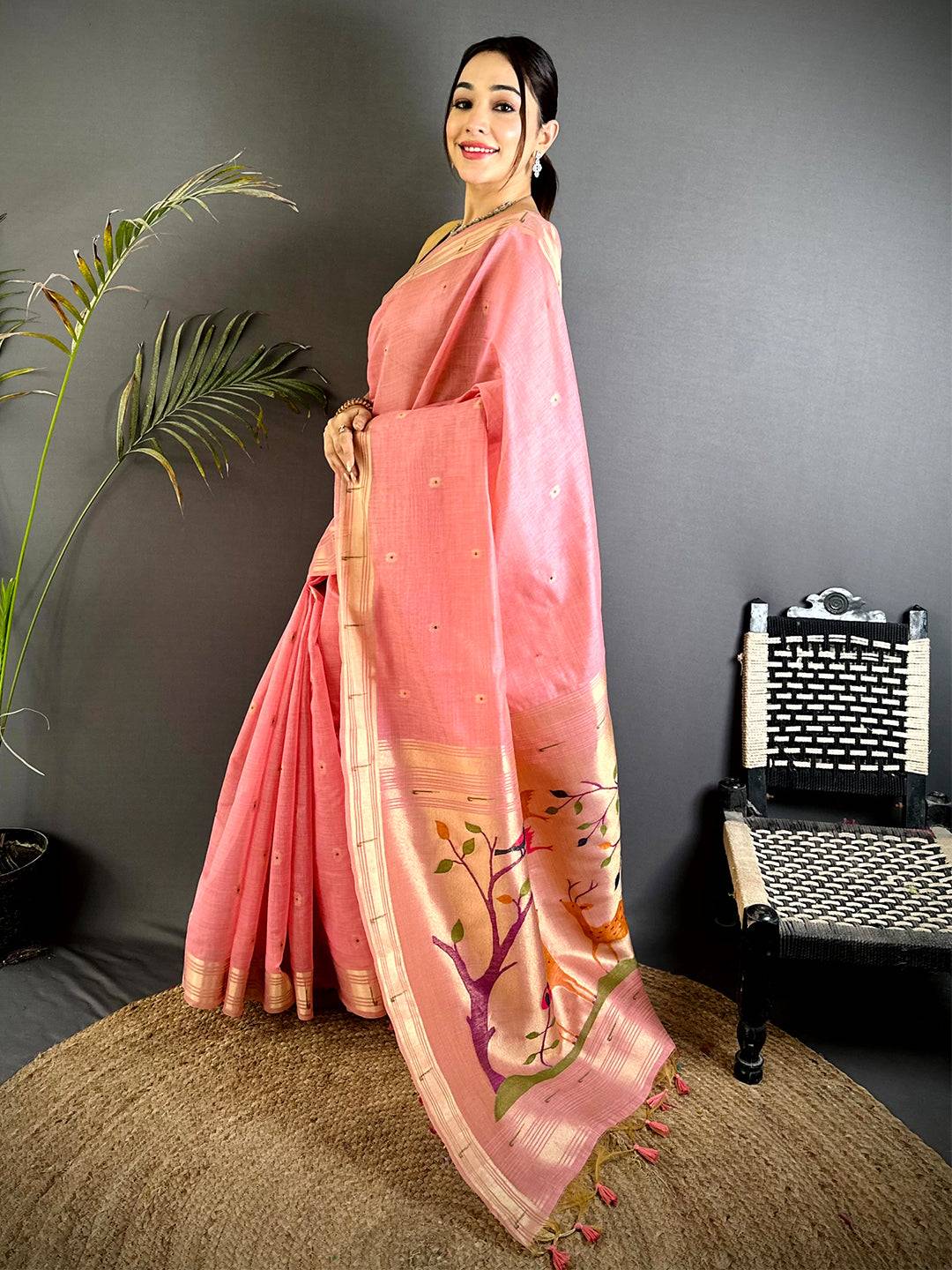 Pink Minakari Paithani Khadi Linen Saree