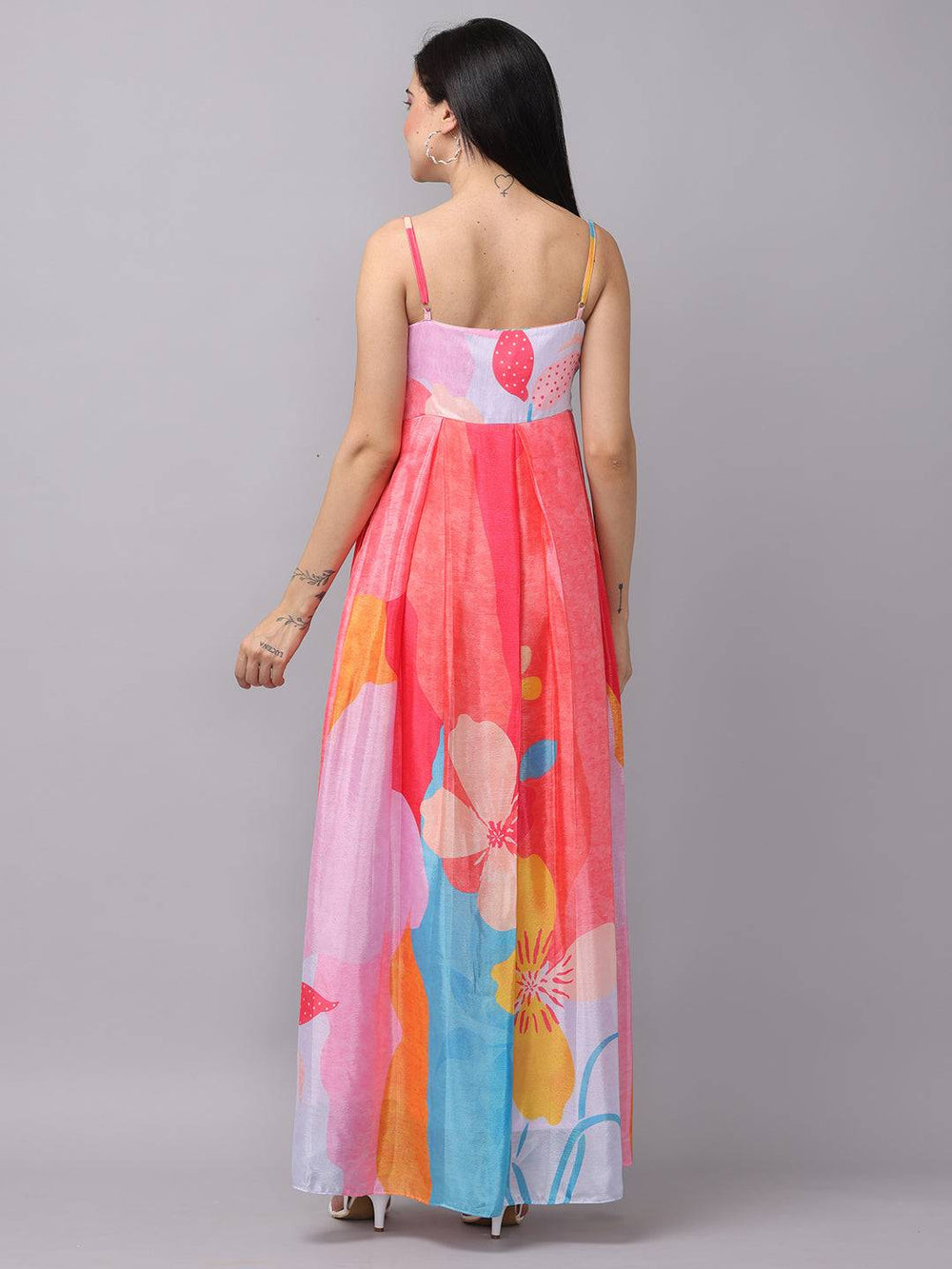 Back view of rose pink sweetheart neck dress with floral design