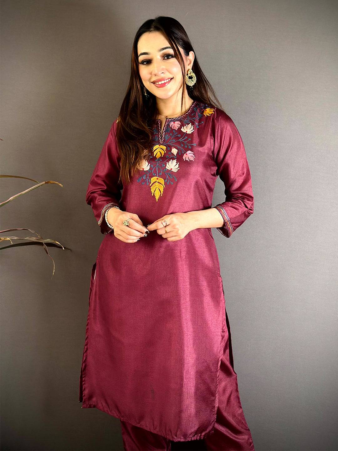 Wine Manipuri Crew Neck Kurti