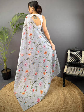 Grey Soft Kota Floral Print Saree