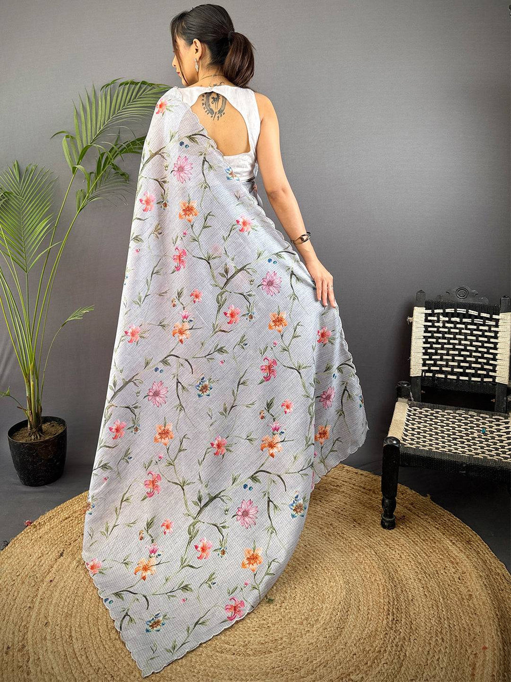 Grey Soft Kota Floral Print Saree