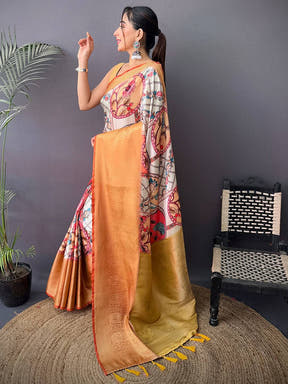 Elegant Cherry Satin Kalamkari Printed Saree
