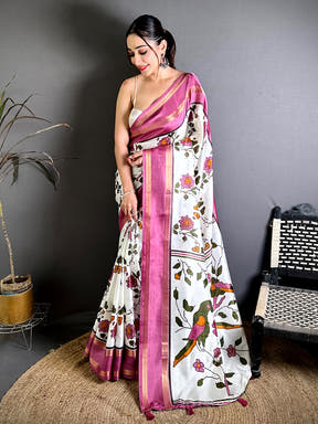 Pink Soft Dola Floral Print Gadwal Border Saree