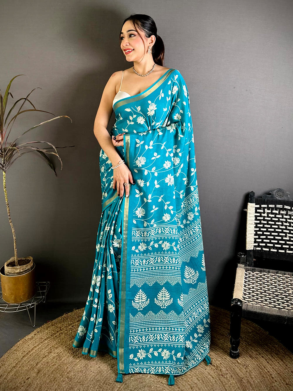 Teal Leaf Printed Mul Cotton Saree