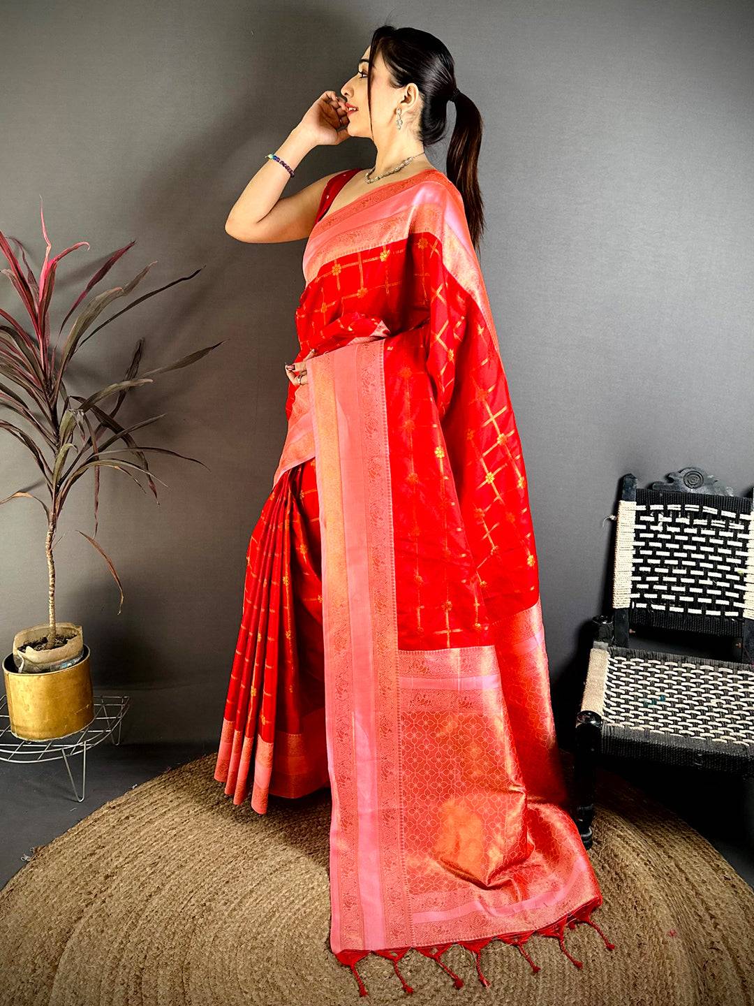 Red Check Weave Gadwal Saree



