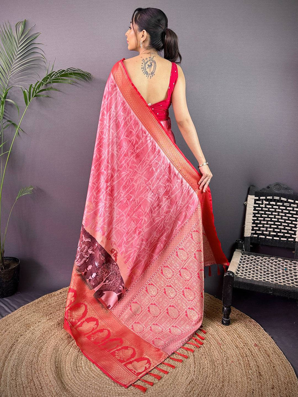 Radiance Soft Cherry Satin Kalamkari Print Saree