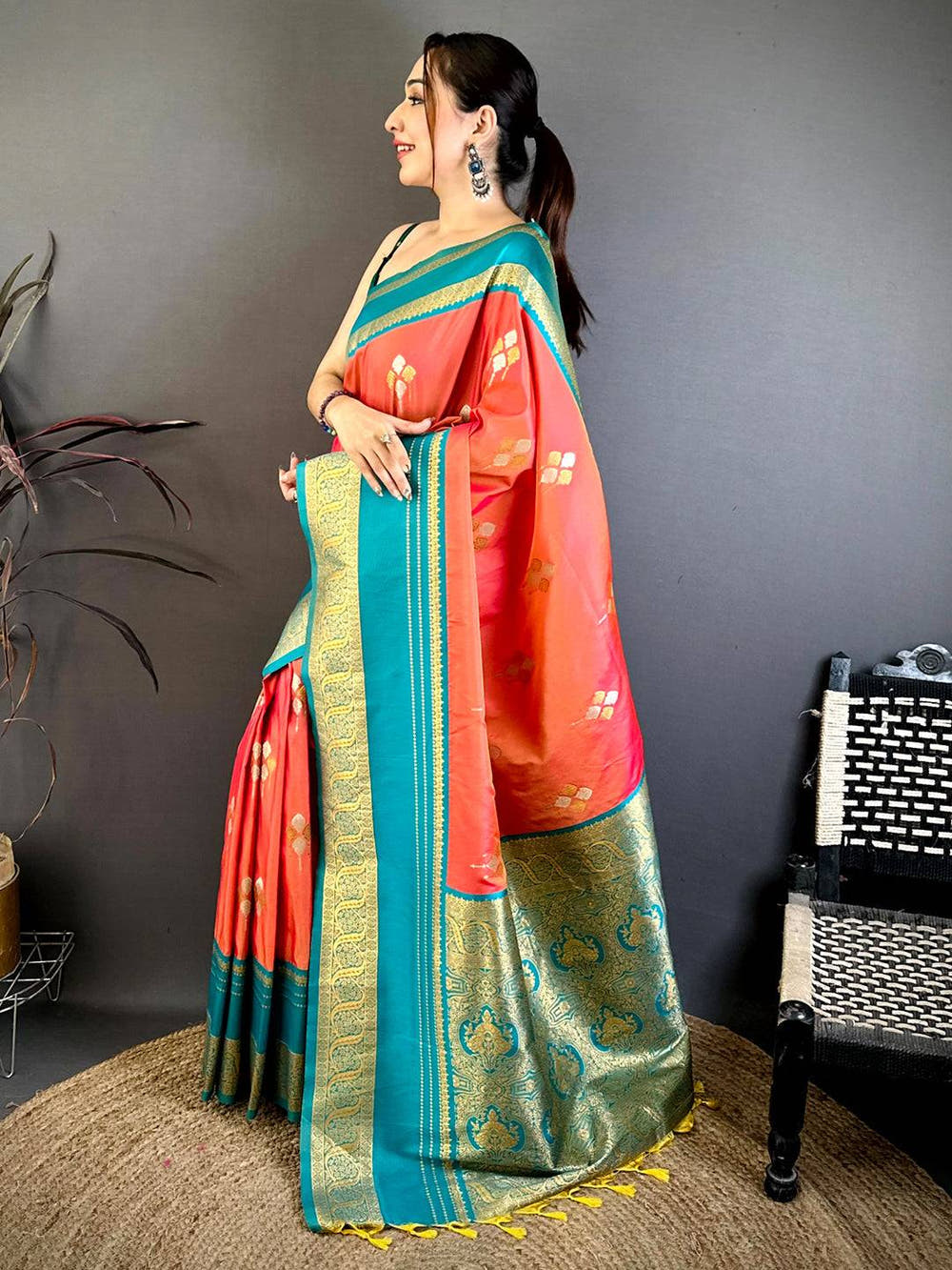 Coral Soft Silk Kanchi Gadwal Saree