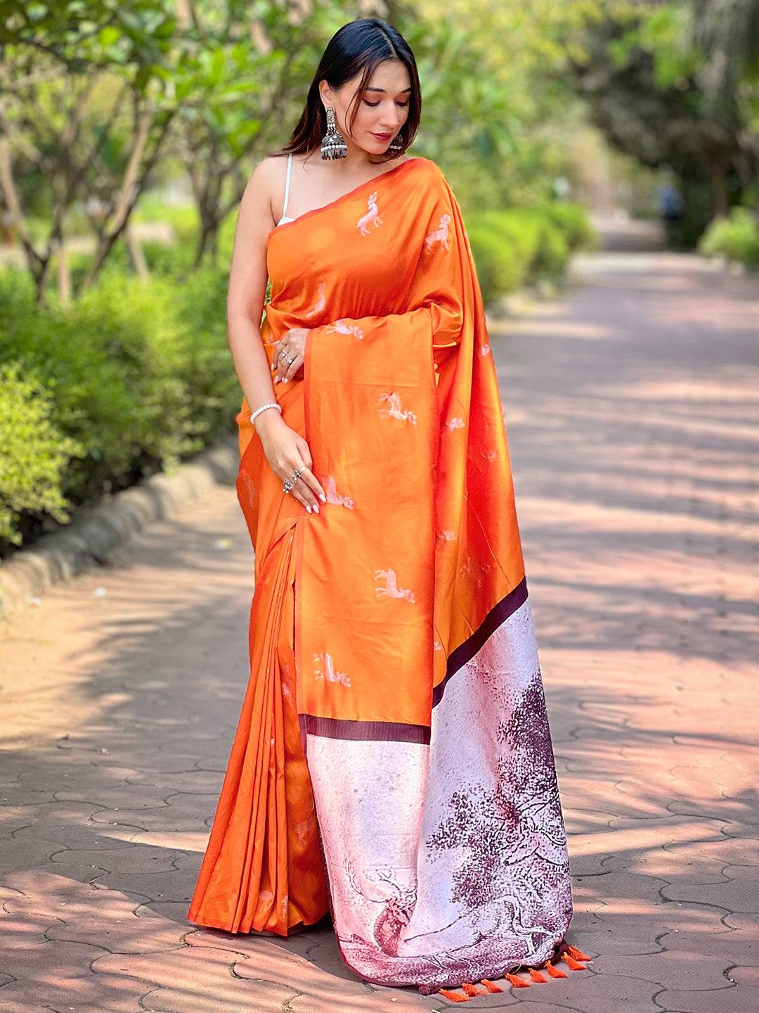 Full view of orange soft silk saree with postar weaving