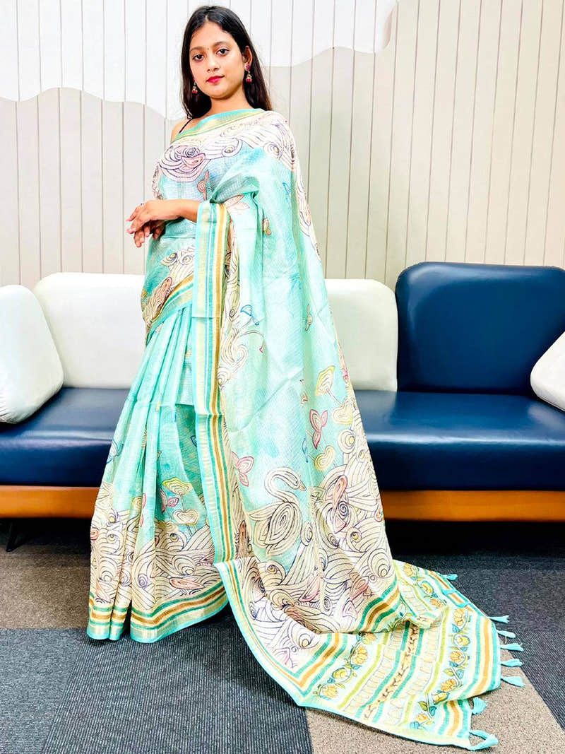 Turquoise Kota Doriya Silk Saree With Floral Kalamkari Print
