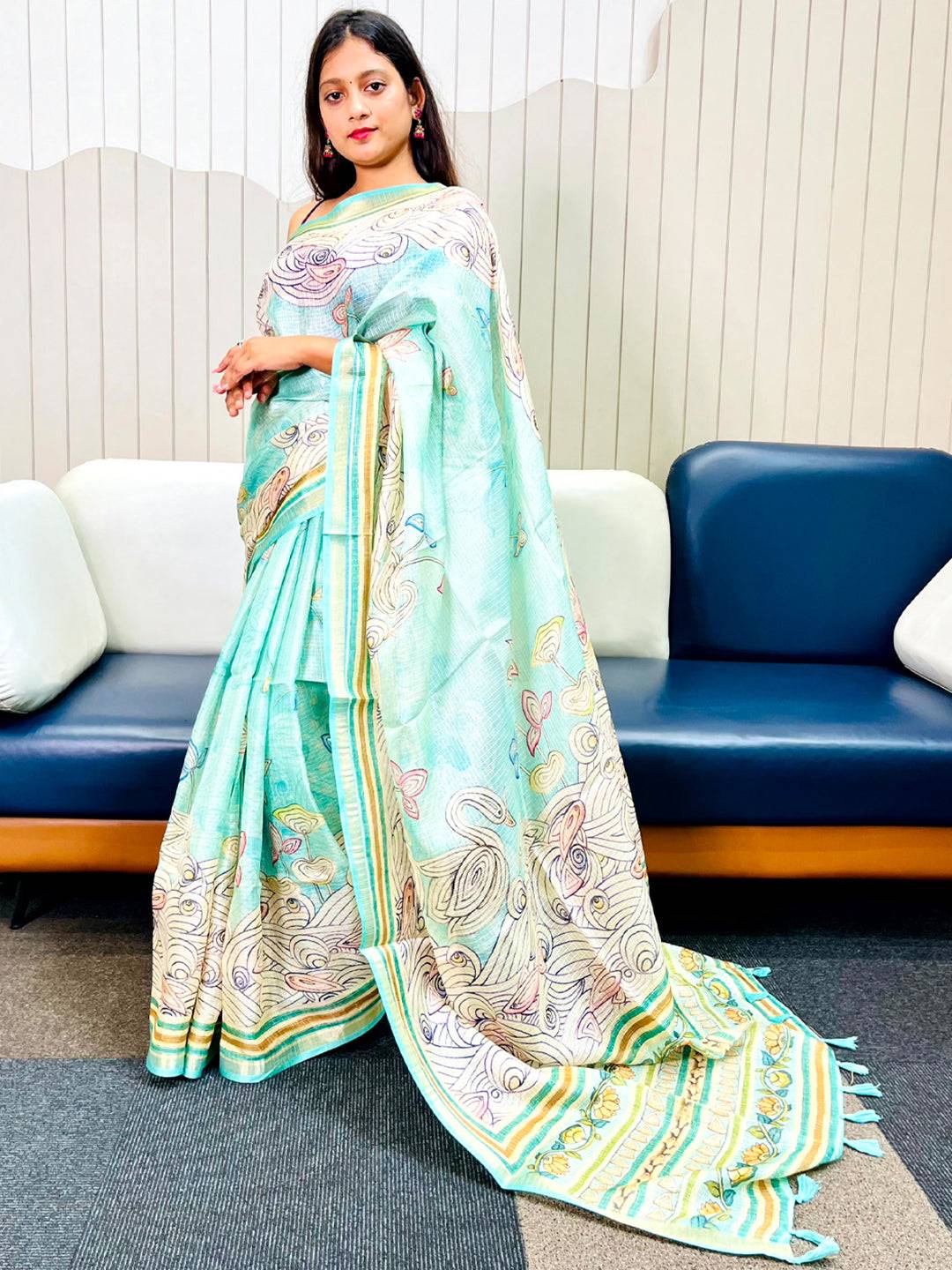 Turquoise Kota Doriya silk saree with floral Kalamkari print