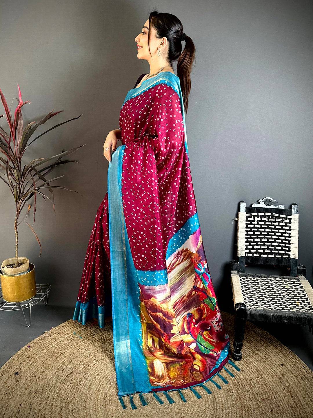 Maroon Bandhej Fusion Dola Print Saree