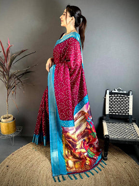 Maroon Bandhej Fusion Dola Print Saree
